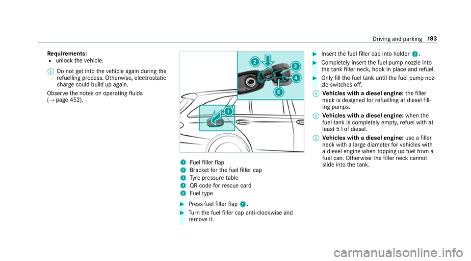 MERCEDES-BENZ E-CLASS ESTATE 2017  Owners Manual Re
quirements:
R unloc kthe vehicle.
% Do no tget intot he vehicle again during the
re fuelling process. Otherwise, electros tatic
ch arge could buil dupagain.
Obser vethen otes on operating fluids
(