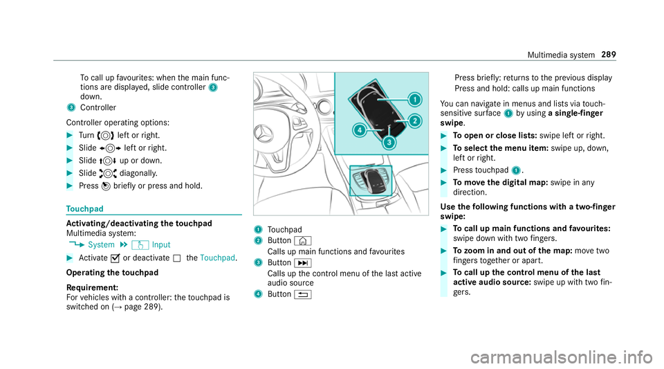 MERCEDES-BENZ E-CLASS ESTATE 2017  Owners Manual To
cal lupf avourites: when them ain func‐
tion saredispla yed, slide controller 3
down.
3 Cont roller
Cont roller operatin goptions: #
Turn 3 leftorr ight. #
Slide 1 leftorr ight. #
Slide 4 up or d