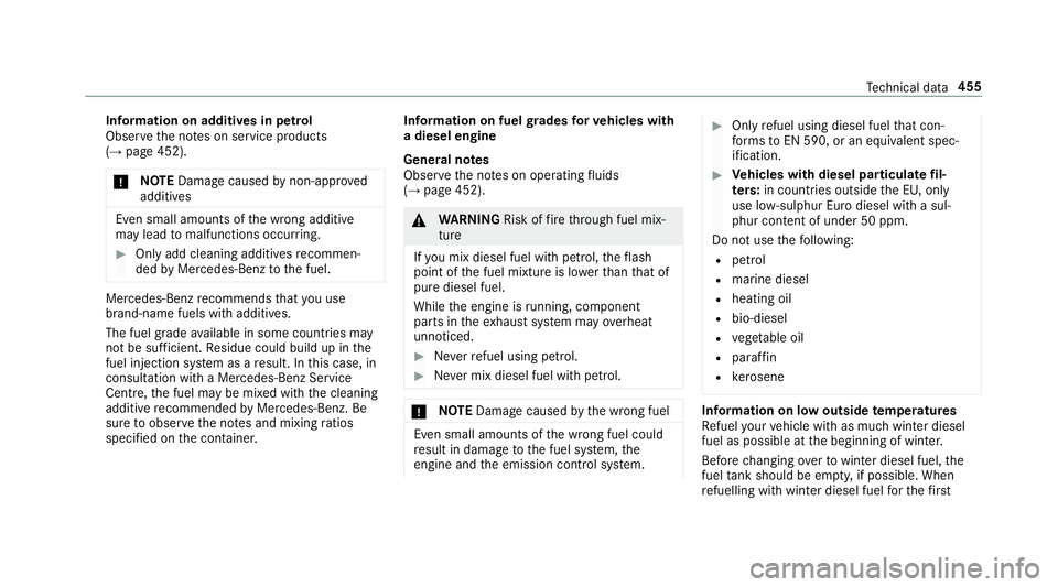 MERCEDES-BENZ E-CLASS ESTATE 2017  Owners Manual Information on additives in petrol
Obse
rvet he no tesons ervice products
(→ pag e452).
* NO
TEDama gecaused bynon-app roved
additives Even small amounts of
thew rong additive
ma ylead tomalfunction