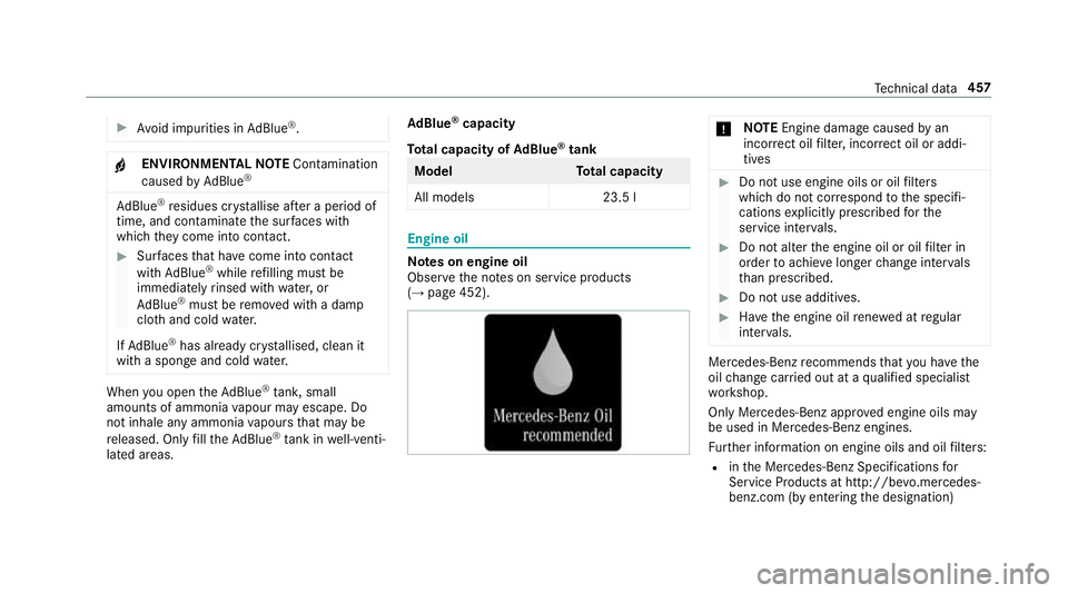 MERCEDES-BENZ E-CLASS ESTATE 2017  Owners Manual #
Avoid impurities in AdBlue ®
. +
ENVI
RONMENTAL NOTEContamination
caused byAdBlue ® Ad
Blue ®
re sidues cr ystallise af terap eriod of
time, and contamina tethes urfaces wi th
whic htheyc ome int
