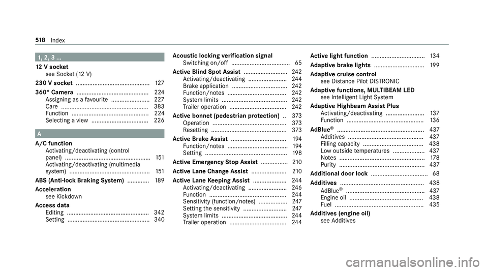 MERCEDES-BENZ E-CLASS ESTATE 2016  Owners Manual 1,
2, 3 ...
12 V so cket
see Soc ket (12 V)
230 V so cket ............................................ 127
360° Camera .......................................... .224
Assigning as a favo urite ......