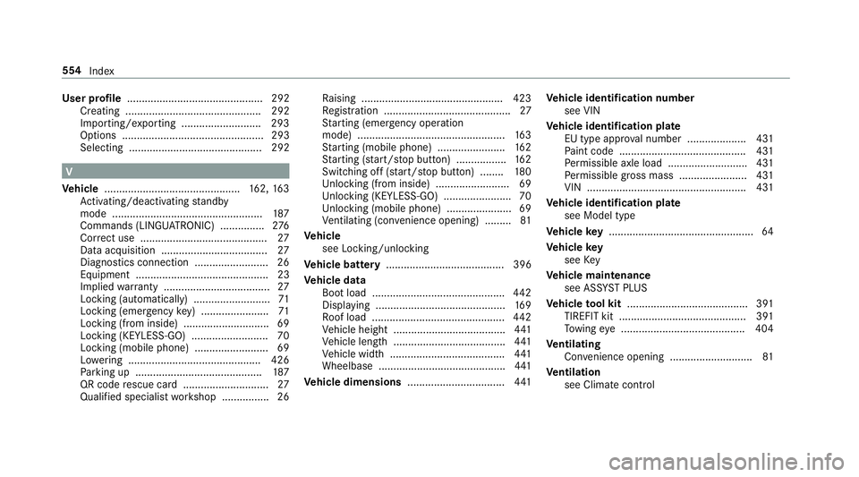 MERCEDES-BENZ E-CLASS ESTATE 2016  Owners Manual User profile
.............................................. 292
Creating .............................................. 292
Importing/exporting ...........................2 93
Options ................