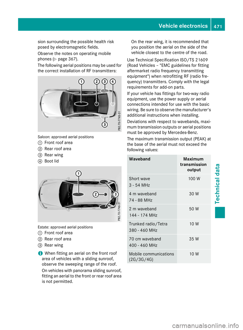 MERCEDES-BENZ E-CLASS ESTATE 2015  Owners Manual sion surrounding the possible health risk
posed by electromagnetic fields.
Observe the notes on operating mobile
phones (Y page 367).
The following aerialp ositions may be used for
the correct install