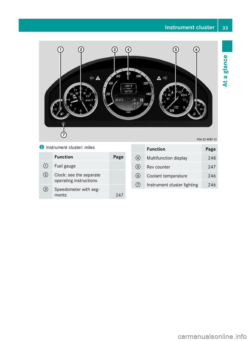 MERCEDES-BENZ E-CLASS ESTATE 2012  Owners Manual i
Instrument cluster: miles Function Page
:
Fuel gauge
;
Clock: see the separate
operating instructions
=
Speedometer with seg-
ments
247 Function Page
?
Multifunction display 248
A
Rev counter 247
B
