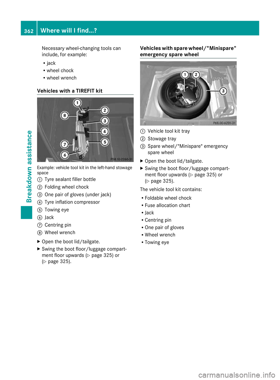 MERCEDES-BENZ E-CLASS ESTATE 2012  Owners Manual Necessary wheel-changing tools can
include, for example:
R
jack
R wheel chock
R wheel wrench
Vehicles with aTIREFIT kit Example: vehicle tool kit in the left-hand stowage
space
:
Tyre sealan tfiller b
