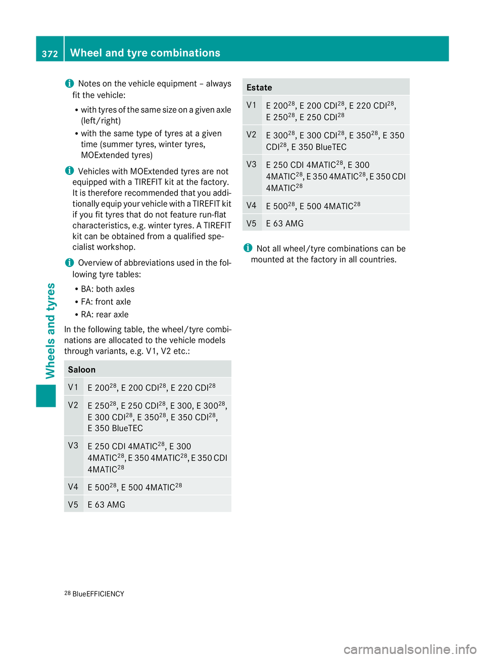 MERCEDES-BENZ E-CLASS ESTATE 2011  Owners Manual i
Notes on the vehicle equipment –always
fit the vehicle:
R with tyres of the same size on a given axle
(left/right)
R with the same type of tyres at a given
time (summer tyres, winter tyres,
MOExte