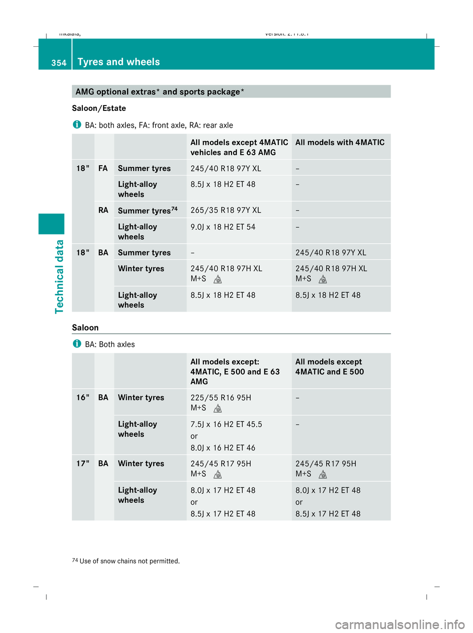 MERCEDES-BENZ E-CLASS ESTATE 2009  Owners Manual AMG optional extras* and sports package*
Saloon/Estate
i BA: both axles, FA: front axle, RA: rear axle All models except 4MATIC
vehicles and E 63 AMG All models with 4MATIC
18" FA Summer tyres
245 MERCEDES-BENZ E-CLASS ESTATE 2009  Owners Manual AMG optional extras* and sports package*
Saloon/Estate
i BA: both axles, FA: front axle, RA: rear axle All models except 4MATIC
vehicles and E 63 AMG All models with 4MATIC
18" FA Summer tyres
245