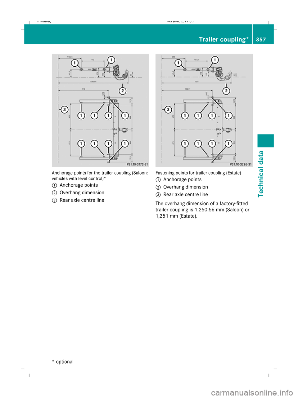 MERCEDES-BENZ E-CLASS ESTATE 2009  Owners Manual Anchorage points for the trailer coupling (Saloon:
vehicles with level control)*
:
Anchorage points
; Overhang dimension
= Rear axle centre line Fastening points for trailer coupling (Estate)
:
Anchor