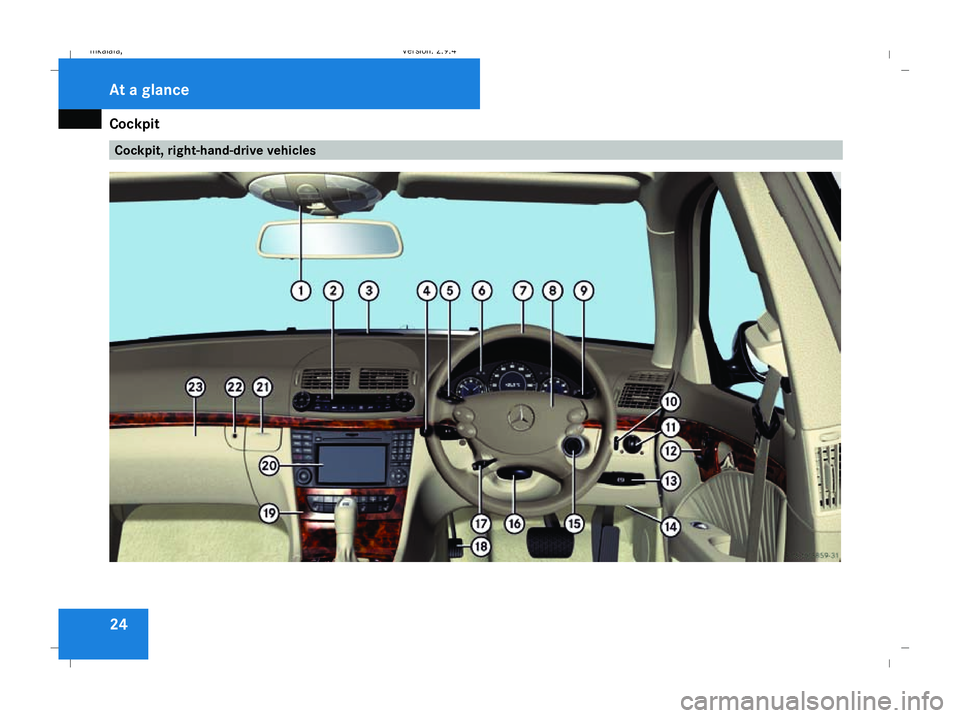 MERCEDES-BENZ E-CLASS ESTATE 2008  Owners Manual Cockpit
24 Cockpit, right-hand-drive vehiclesAt a glance
211_AKB; 2; 5, en-GB
mkalafa,
Version: 2.9.4 2008-02-29T16:57:07+01:00 - Seite 24Dateiname: 6515_3416_02_buchblock.pdf; preflight 