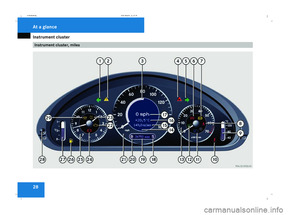 MERCEDES-BENZ E-CLASS ESTATE 2008  Owners Manual Instrument cluster
28 Instrument cluster, milesAt a glance
211_AKB; 2; 5, en-GB
mkalafa
, Version: 2.9.4
2008-02-29T16:57:07+01:00 - Seite 28 Dateiname: 6515_3416_02_buchblock.pdf; preflight 