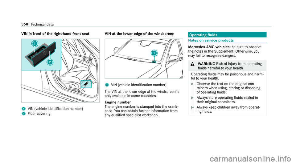MERCEDES-BENZ E-CLASS SALOON 2017  Owners Manual VIN in front of the
right-hand front seat 1
VIN (vehicle identification number)
2 Floor co vering VIN at the lo
wer edge of the windscreen 1
VIN (vehicle identi fication number)
The VIN at the lo wer 