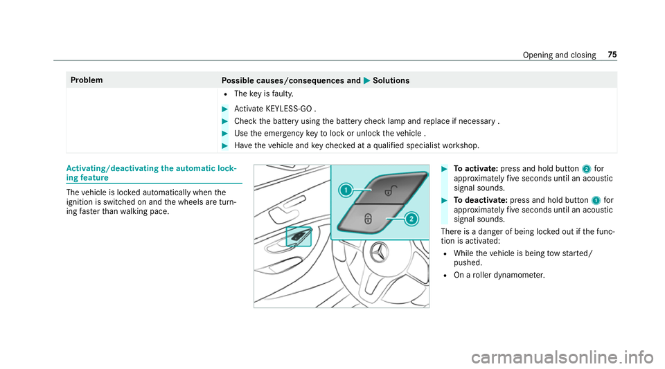MERCEDES-BENZ E-CLASS SALOON 2017  Owners Manual Problem
Possible causes/consequences and M
MSolutions
R The key is faulty. #
Activate KEYLESS-GO . #
Check the battery using the battery check lamp and replace if necessary . #
Use the emer gency keyt