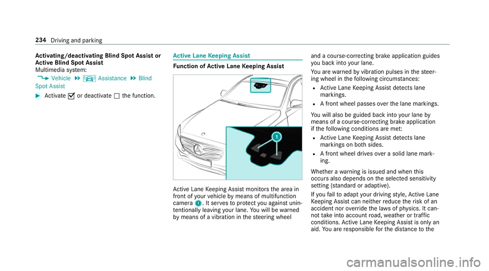 MERCEDES-BENZ E-CLASS SALOON 2016  Owners Manual Ac
tivating/deactivating Blind Spot Assi stor
Ac tive Blind Spot Assi st
Multimedia sy stem:
, Vehicle .
k Assistance .
Blind
Spot Assist #
Activate Oor deacti vate ª the function. Ac
tive Lane Keepi
