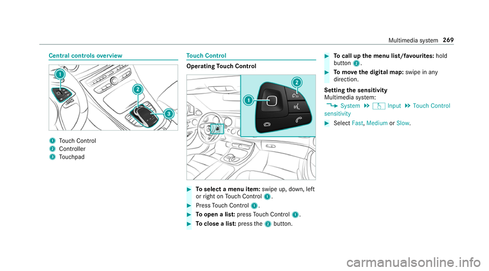 MERCEDES-BENZ E-CLASS SALOON 2016  Owners Manual Central controls
overview 1
Touch Control
2 Controller
3 Touchpad To
uch Control Operating
Touch Control #
Toselect a menu item: swipe up, down, left
or right on Touch Control 1. #
Press Touch Control