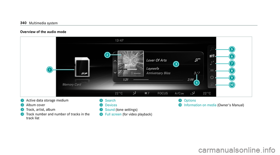MERCEDES-BENZ E-CLASS SALOON 2016  Owners Manual Overview of
the audio mode 1
Active da tastorage medium
2 Album co ver
3 Trac k, artist, album
4 Track number and number of trac ksinthe
track li st 5
Search
6 Devices
7 Sound (tone settings)
8 Full s