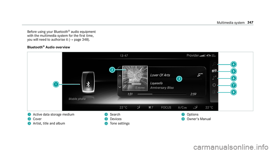 MERCEDES-BENZ E-CLASS SALOON 2016  Owners Manual Before using
your Blue tooth®
audio equipment
with the multimedia sy stem forth efirs t time,
yo u will need toauthorise it (→ page 348).
Blu etoo th®
Au dio overview 1
Active da tastorage medium
