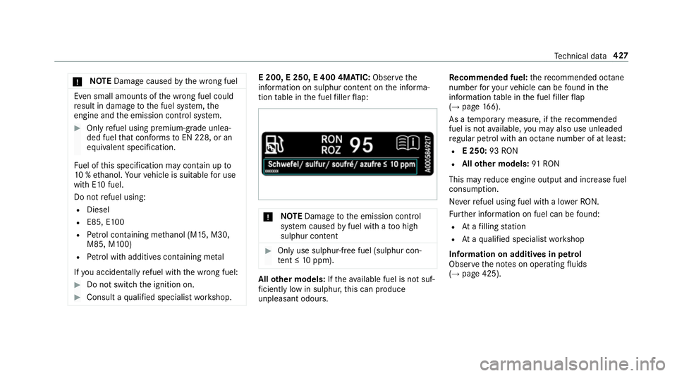 MERCEDES-BENZ E-CLASS SALOON 2016  Owners Manual *
NO
TEDama gecaused bythe wrong fuel Even small amounts of
the wrong fuel could
re sult in damage tothe fuel sy stem, the
engine and the emission control sy stem. #
Only refuel using premium-grade un
