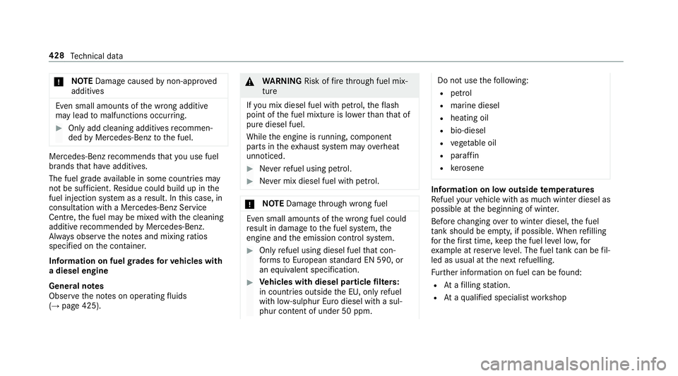 MERCEDES-BENZ E-CLASS SALOON 2016  Owners Manual *
NO
TEDama gecaused bynon-app roved
additives Even small amounts of
the wrong additive
may lead tomalfunctions occur ring. #
Only add cleaning additives recommen‐
ded byMercedes-Benz tothe fuel. Me