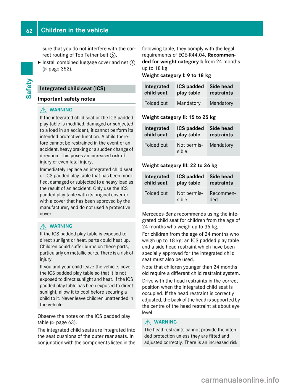 MERCEDES-BENZ E-CLASS SALOON 2015 Owners Manual sure that you do not interfere with the cor-
rect routing of Top Tether belt B.
X Install combined luggage cover and net =
(Y page 352). Integrated child seat (ICS)
Important safety notes G
WARNING
If MERCEDES-BENZ E-CLASS SALOON 2015 Owners Manual sure that you do not interfere with the cor-
rect routing of Top Tether belt B.
X Install combined luggage cover and net =
(Y page 352). Integrated child seat (ICS)
Important safety notes G
WARNING
If