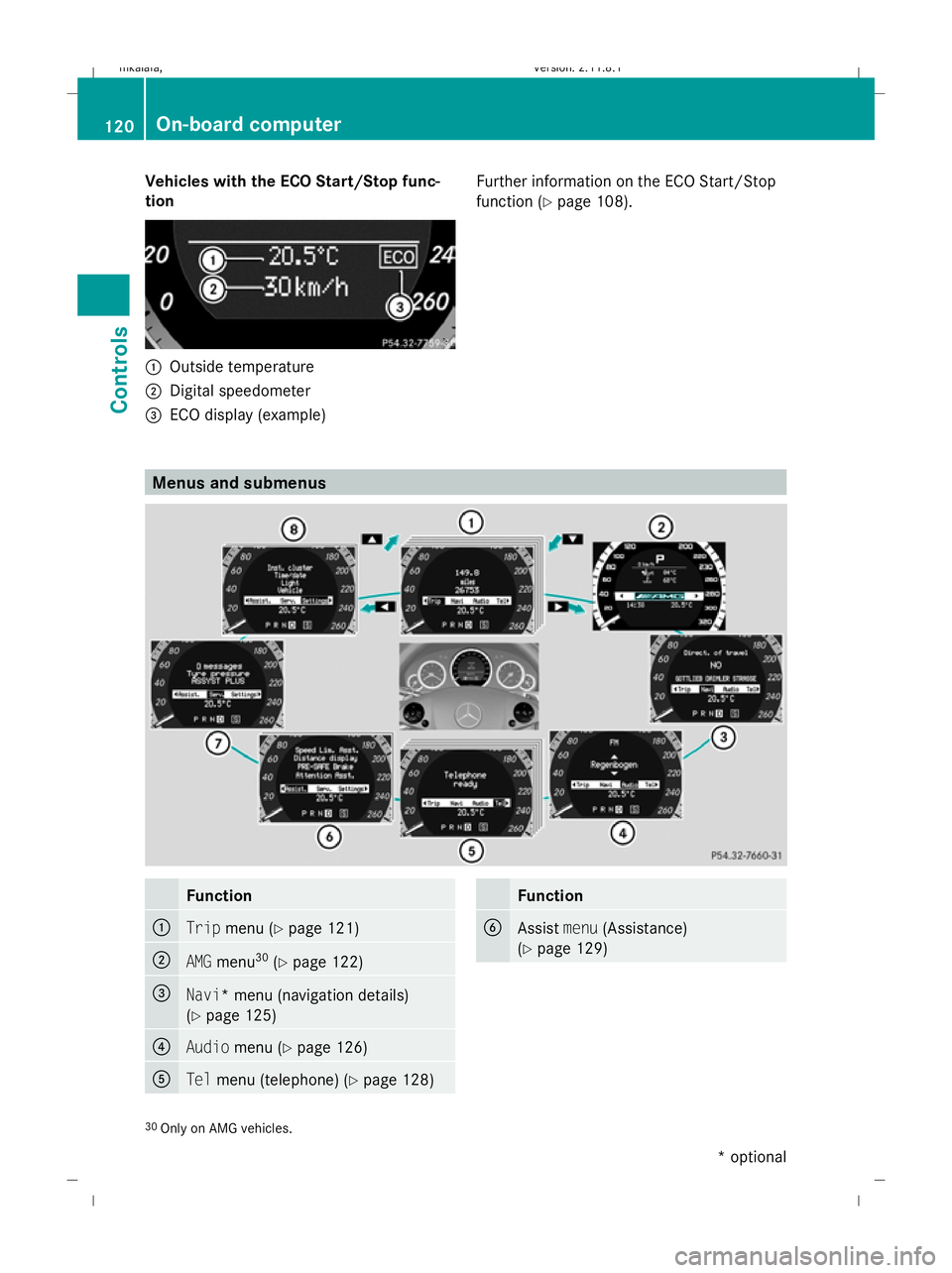 MERCEDES-BENZ E-CLASS SALOON 2009  Owners Manual Vehicles with the ECO Start/Stop func-
tion :
Outside temperature
; Digital speedometer
= ECO display (example) Further information on the ECO Start/Stop
function (
Ypage 108). Menus and submenus
Func