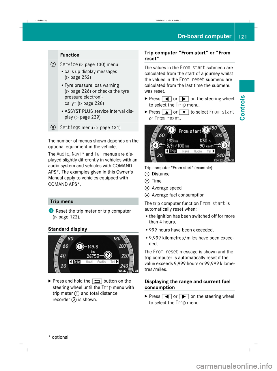 MERCEDES-BENZ E-CLASS SALOON 2009  Owners Manual Function
C
Service
(Ypage 130) menu
R calls up display messages
(Y page 252)
R Tyre pressure loss warning
(Y page 226) or checks the tyre
pressure electroni-
cally* (Y page 228)
R ASSYST PLUS service 
