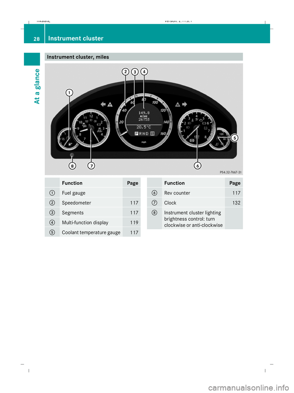 MERCEDES-BENZ E-CLASS SALOON 2009  Owners Manual Instrument cluster, miles
Function Page
:
Fuel gauge
;
Speedometer 117
=
Segments 117
?
Multi-function display 119
A
Coolant temperature gauge
117 Function Page
B
Rev counter 117
C
Clock 132
D
Instrum