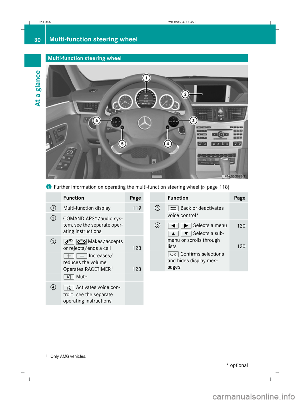 MERCEDES-BENZ E-CLASS SALOON 2009  Owners Manual Multi-function steering wheel
i
Further information on operating the multi-function steering wheel (Y page 118).Function Page
:
Multi-function display 119
;
COMAND APS*/audio sys-
tem, see the separat