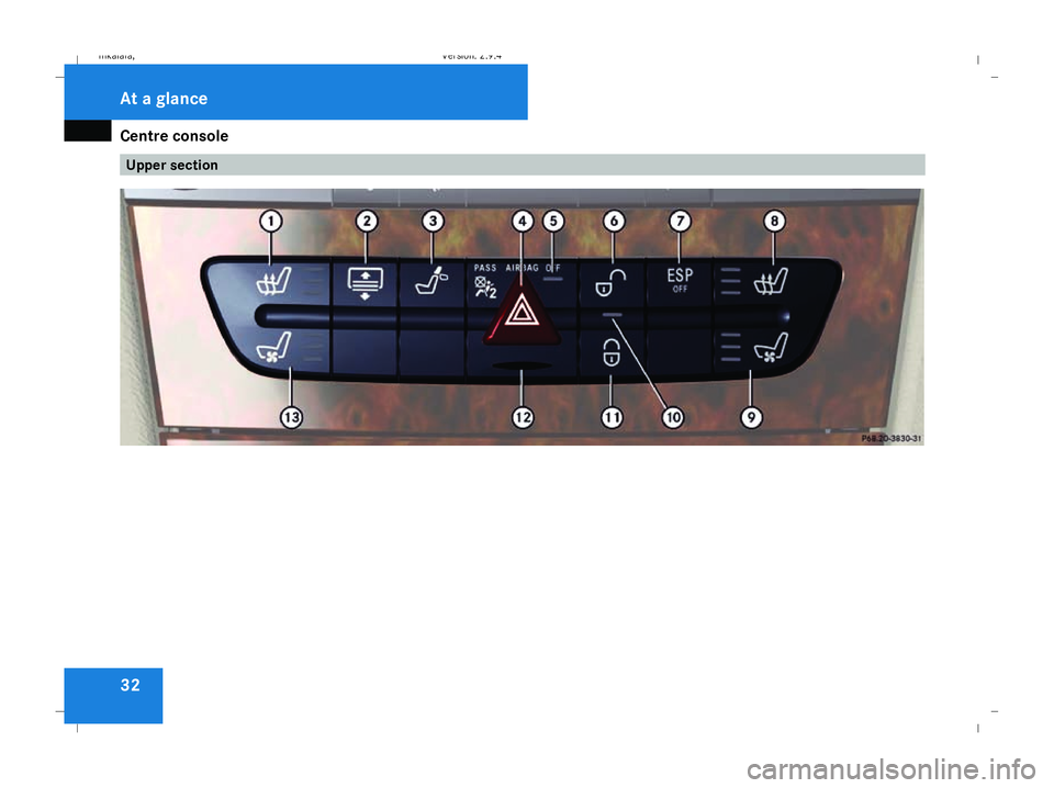 MERCEDES-BENZ E-CLASS SALOON 2008  Owners Manual Centre console
32 Upper sectionAt a glance
211_AKB; 2; 5, en-GB
mkalafa,
Version: 2.9.4
2008-02-29T16:57:07+01:00 - Seite 32 Dateiname: 6515_3416_02_buchblock.pdf; preflight 
