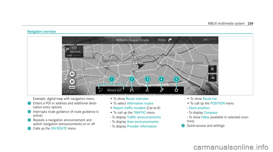 MERCEDES-BENZ E-CLASS CABRIOLET 2022  Owners Manual N
N
a
avig
vig ation ov
ation overerview
view Example: digital map with navigation menu
1 Enters a POI or address and additional desti-
nation entry options
2 Inter ruptsrou teguidance (if route guida