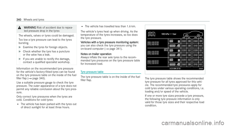 MERCEDES-BENZ E-CLASS CABRIOLET 2022 Owners Manual &
W
WARNI NG
ARNI NGRisk of accident due torepea-
te d pressure drop in the tyres
The wheels, valves or tyres could be damaged.
To o low a tyre pressure can lead tothe tyres
bursting. #
Examine the ty MERCEDES-BENZ E-CLASS CABRIOLET 2022 Owners Manual &
W
WARNI NG
ARNI NGRisk of accident due torepea-
te d pressure drop in the tyres
The wheels, valves or tyres could be damaged.
To o low a tyre pressure can lead tothe tyres
bursting. #
Examine the ty