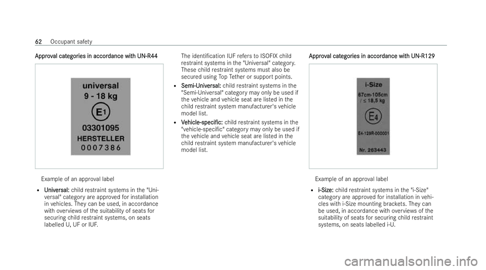 MERCEDES-BENZ E-CLASS CABRIOLET 2022 Owners Manual Approv
Approv
al cat
al categor
egories in accor
ies in accor dance wit
dance with UN-R44
h UN-R44 Example of an app
rova l label
R U
Univniv er
ersal:
sal: child restraint systems in the "Uni-
ve MERCEDES-BENZ E-CLASS CABRIOLET 2022 Owners Manual Approv
Approv
al cat
al categor
egories in accor
ies in accor dance wit
dance with UN-R44
h UN-R44 Example of an app
rova l label
R U
Univniv er
ersal:
sal: child restraint systems in the "Uni-
ve