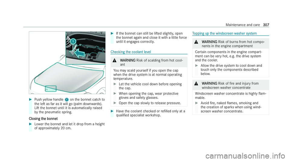 MERCEDES-BENZ EQA SUV 2022  Owners Manual �
�P�u�s�h� �y�e�l�l�o�w� �h�a�n�d�l�e�  �1� �o�n� �t �h�e� �b�o�n�n�e�t� �c�a�t�c�h� �t�o
�t�h�e� �l�es � �a�s� �f�a�r� �a�s� �i�t� �w�i�l�l� �g�o� �(�p�a�l�m� �d�o�w�n�w�a�r�d�s�)�.
�L�is � �t�h�