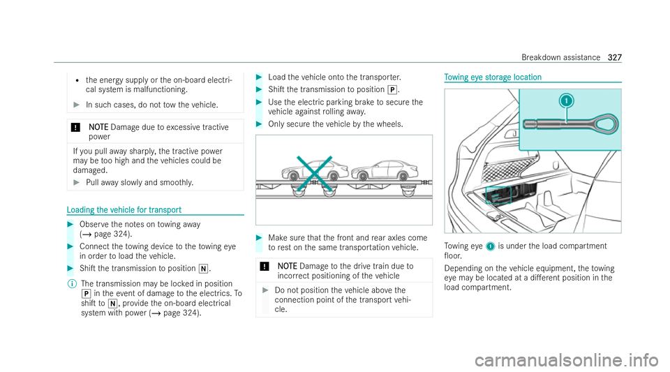 MERCEDES-BENZ EQC SUV 2022  Owners Manual R
the energy supply or the on-board electri-
cal system is malfunctioning. #
In such cases, do not tow theve hicle. *
N
NO OTE
TE Damage due toexcessive tractive
po wer If
yo u pull away sharpl y,the 