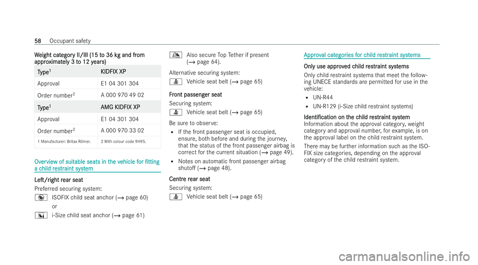 MERCEDES-BENZ EQC SUV 2022  Owners Manual W
W
eight cat
eight cat egor
egory II/III (15 t
y II/III (15 t o 36 k
o 36 kg and frg and fr om
om
appro
appro ximat
ximatel
ely 3 t
y 3 t o 12 y
o 12 y ear
ears)
s) T
T
ype
ype 1
1
KIDFIX XP
KIDFIX X