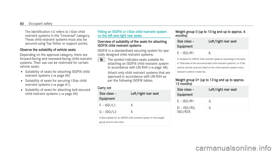 MERCEDES-BENZ EQC SUV 2022  Owners Manual The identi/ca
tion i‑Urefers to i‑Size child
re straint systems in the "Universal" categor y.
These child restraint systems must also be
secu red using TopTe ther or support points.
Obser