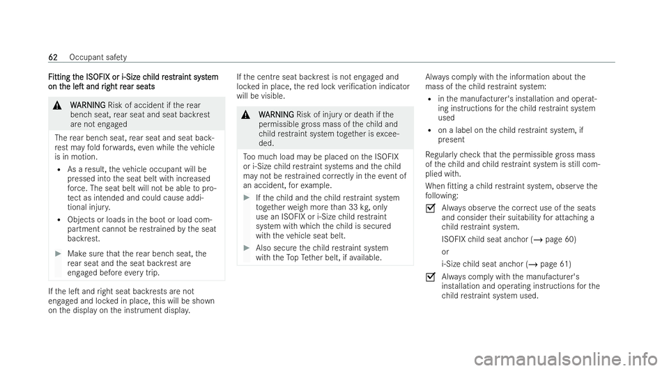 MERCEDES-BENZ EQC SUV 2022  Owners Manual F
F
itting t
itting t he ISOFIX or i‑Size c
he ISOFIX or i‑Size c hild r
hild res
estrtraint syst
aint syst em
em
on t
on t he
heleT
leT and r
and r ight r
ight r ear seats
ear seats &
W
WARNING