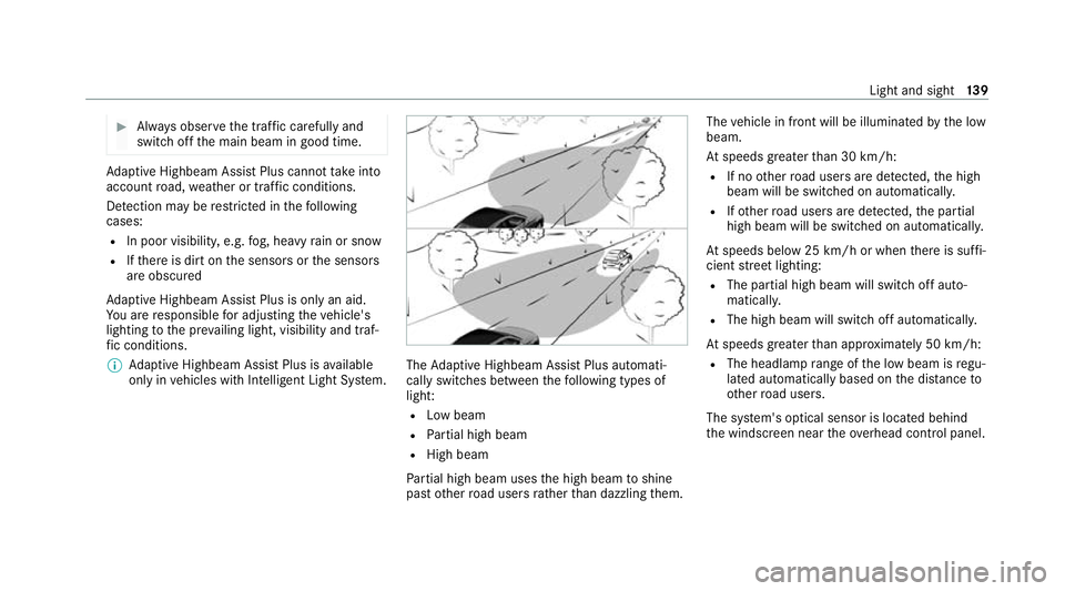 MERCEDES-BENZ EQC SUV 2019 Owners Manual #
Alw ays obser vethe tra ffic carefully and
switch off the main beam in good time. Ad
aptive Highbeam Assist Plus cannot take into
account road, weather or traf fic conditions.
De tection may be rest MERCEDES-BENZ EQC SUV 2019 Owners Manual #
Alw ays obser vethe tra ffic carefully and
switch off the main beam in good time. Ad
aptive Highbeam Assist Plus cannot take into
account road, weather or traf fic conditions.
De tection may be rest