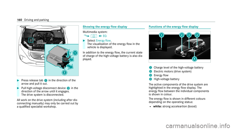 MERCEDES-BENZ EQC SUV 2019 Owners Manual #
Press release tab1 inthe direction of the
ar row and pull it out. #
Pull high-voltage disconnect device 2inthe
direction of the ar row until it en gage s.
The drive sy stem is disconnected.
All work MERCEDES-BENZ EQC SUV 2019 Owners Manual #
Press release tab1 inthe direction of the
ar row and pull it out. #
Pull high-voltage disconnect device 2inthe
direction of the ar row until it en gage s.
The drive sy stem is disconnected.
All work