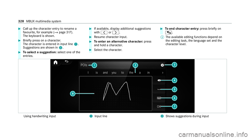 MERCEDES-BENZ EQC SUV 2019  Owners Manual #
Call up thech aracter ent ryto rename a
fa vo urite, forex ample (/ page317).
The keyboard is shown. #
Brief lypress on a character.
The character is entered in input line 1.
Suggestions are shown i