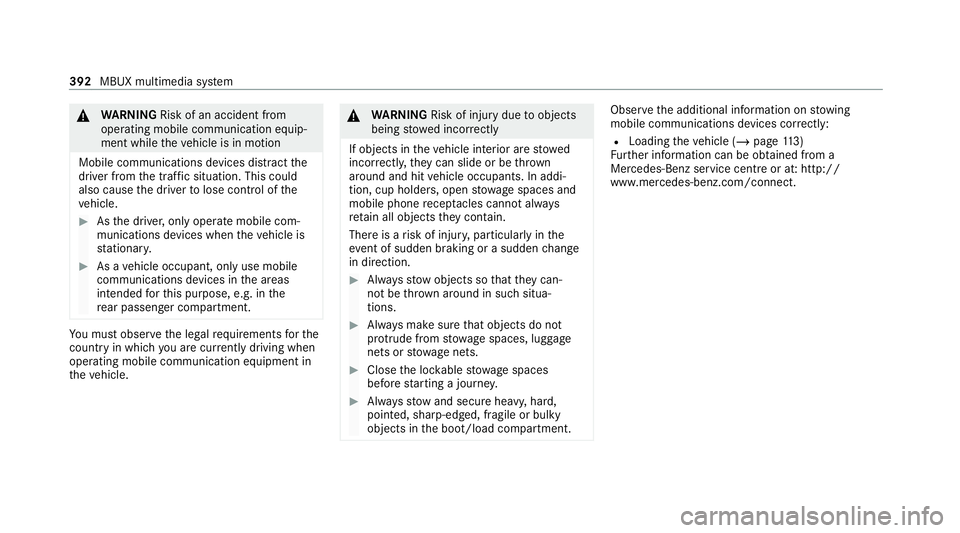 MERCEDES-BENZ EQC SUV 2019 Owners Manual &
WARNING Risk of an accident from
ope rating mobile communication equip‐
ment while theve hicle is in motion
Mobile communications devices distract the
driver from the traf fic situation. This coul MERCEDES-BENZ EQC SUV 2019 Owners Manual &
WARNING Risk of an accident from
ope rating mobile communication equip‐
ment while theve hicle is in motion
Mobile communications devices distract the
driver from the traf fic situation. This coul