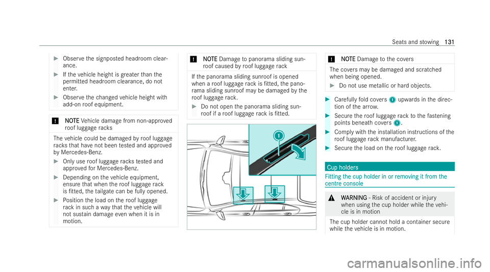 MERCEDES-BENZ EQE SALOON 2022 Owners Manual #
Obser vethe signposted headroom clear-
ance. #
Ifth eve hicle height is greater than the
permitted headroom clearance, do not
enter. #
Obser vethech anged vehicle height with
add-on roof equipment. MERCEDES-BENZ EQE SALOON 2022 Owners Manual #
Obser vethe signposted headroom clear-
ance. #
Ifth eve hicle height is greater than the
permitted headroom clearance, do not
enter. #
Obser vethech anged vehicle height with
add-on roof equipment.