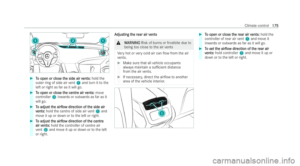 MERCEDES-BENZ EQE SALOON 2022 Owners Manual #
T
To open or close t
o open or close t he side air v
he side air vents:
ents:holdthe
outer ring of side air vent 1 and turn it tothe
leT or right as far as it will go. #
T
To open or close t
o open MERCEDES-BENZ EQE SALOON 2022 Owners Manual #
T
To open or close t
o open or close t he side air v
he side air vents:
ents:holdthe
outer ring of side air vent 1 and turn it tothe
leT or right as far as it will go. #
T
To open or close t
o open
