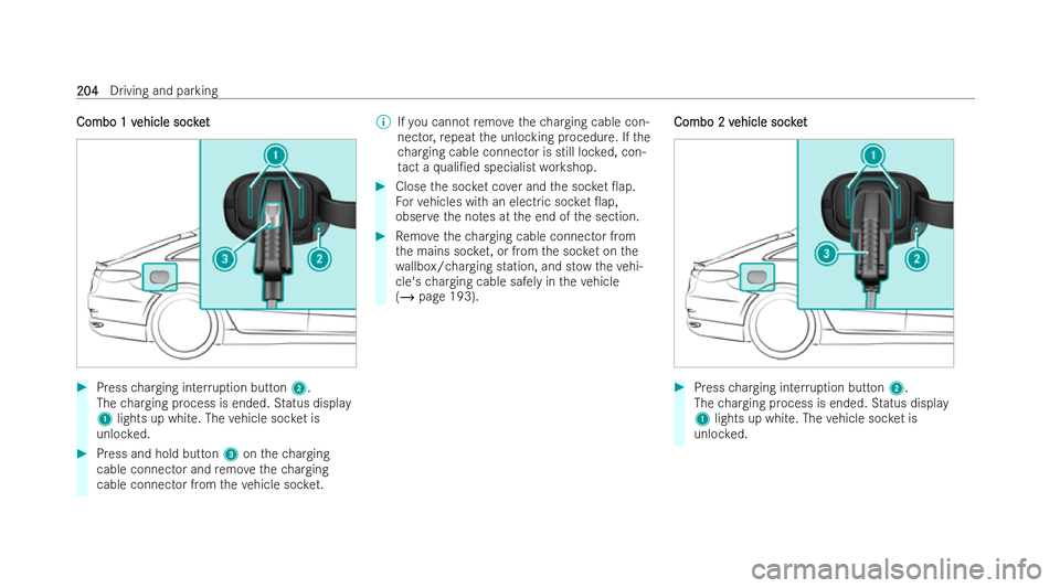 MERCEDES-BENZ EQE SALOON 2022 Owners Manual Combo 1 v
Combo 1 v
ehicle socket
ehicle soc ket #
Press charging inter ruption button 2.
The charging process is ended. Status displ ay
1 lights up white. The vehicle soc ket is
unloc ked. #
Press an MERCEDES-BENZ EQE SALOON 2022 Owners Manual Combo 1 v
Combo 1 v
ehicle socket
ehicle soc ket #
Press charging inter ruption button 2.
The charging process is ended. Status displ ay
1 lights up white. The vehicle soc ket is
unloc ked. #
Press an