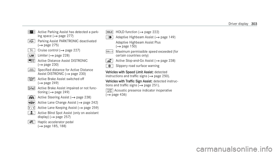 MERCEDES-BENZ EQE SALOON 2022 Owners Manual È
Active Parking Assist has de tected a par k-
ing space (/ page 277)
é Parking Assist PARKTRONIC deactivated
(/ page 275)
h Cruise control (/ page 227)
È Limiter (/ page 228)
ç Active Distance As MERCEDES-BENZ EQE SALOON 2022 Owners Manual È
Active Parking Assist has de tected a par k-
ing space (/ page 277)
é Parking Assist PARKTRONIC deactivated
(/ page 275)
h Cruise control (/ page 227)
È Limiter (/ page 228)
ç Active Distance As