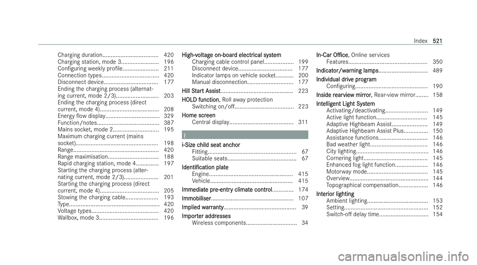 MERCEDES-BENZ EQE SALOON 2022 Owners Manual Charging duration.................................. 420
Charging station, mode 3....................... 196
Con/guring weekly pro/le...................... 211
Connection types....................... MERCEDES-BENZ EQE SALOON 2022 Owners Manual Charging duration.................................. 420
Charging station, mode 3....................... 196
Con/guring weekly pro/le...................... 211
Connection types.......................