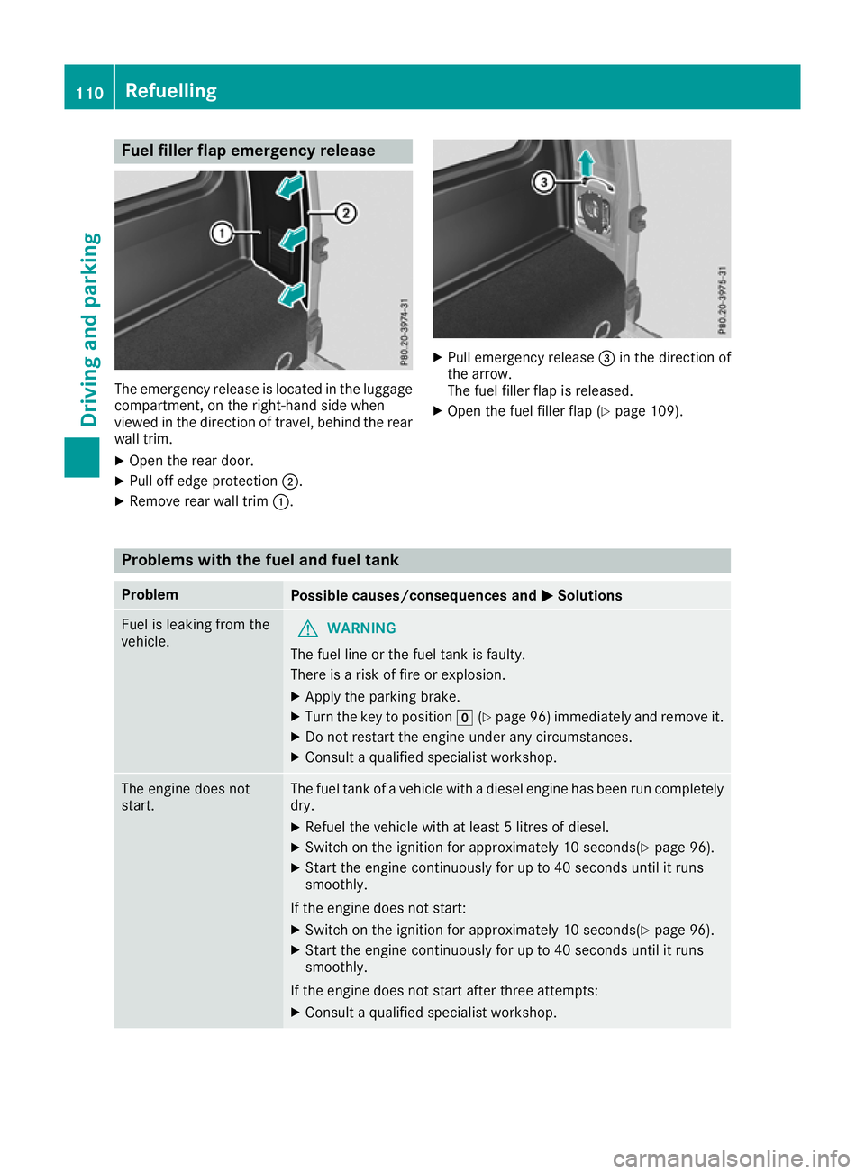 MERCEDES-BENZ G-CLASS SUV 2016 Owners Manual Fuel filler fla
pemergency release The emergenc
yrelease is located in the luggage
compartment,ont he right-hand side when
viewed in the direction of travel, behind the rear
wall trim.
X Open the rear MERCEDES-BENZ G-CLASS SUV 2016 Owners Manual Fuel filler fla
pemergency release The emergenc
yrelease is located in the luggage
compartment,ont he right-hand side when
viewed in the direction of travel, behind the rear
wall trim.
X Open the rear