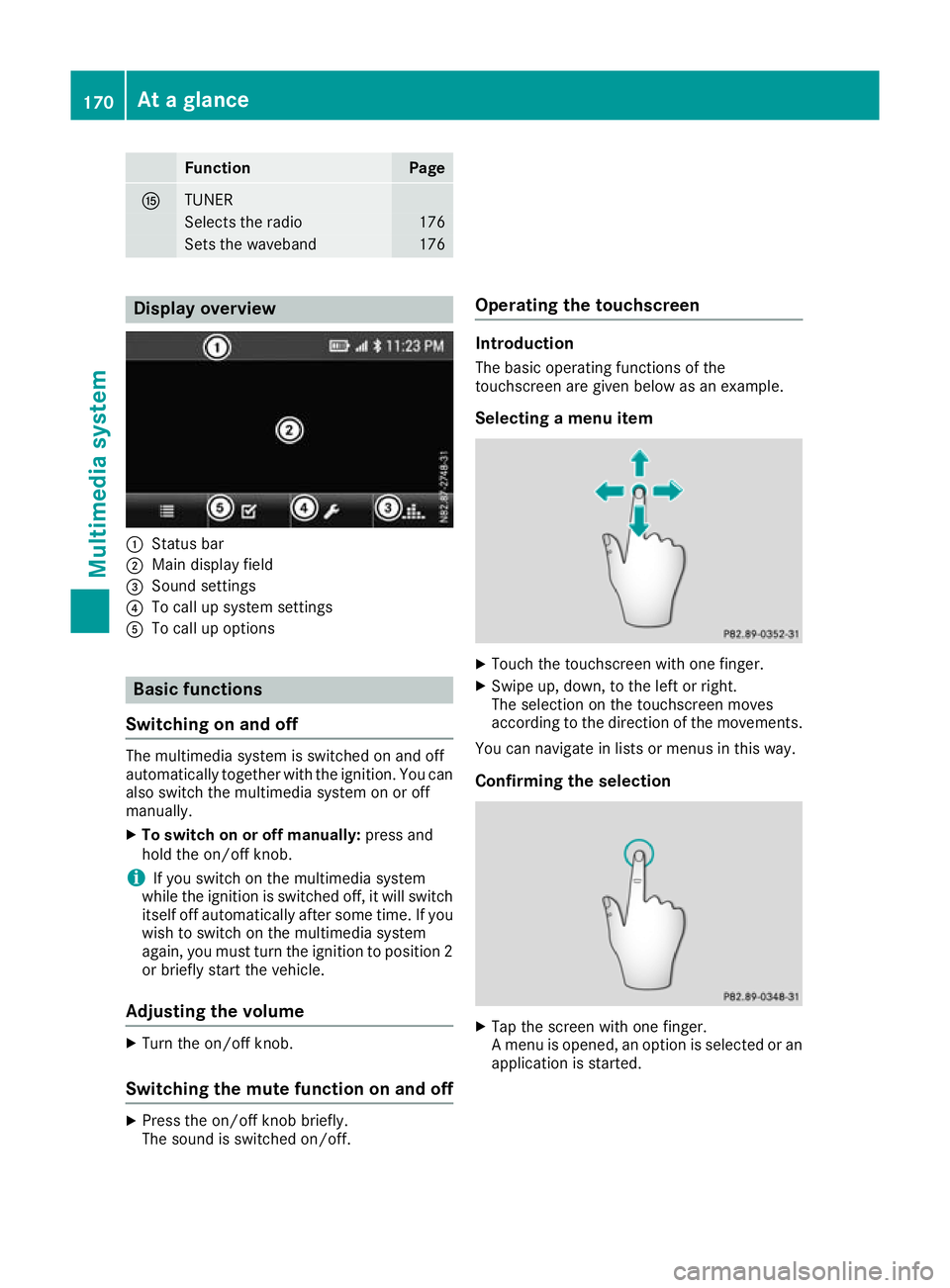 MERCEDES-BENZ G-CLASS SUV 2016 Owners Manual Function Page
K
TUNER
Selects th
eradio 176
Sets the waveband 176
Display overview
:
Statu sbar
; Main display field
= Sound settings
? To cal lupsystem settings
A To cal lupoptions Basi
cfunctions
Sw MERCEDES-BENZ G-CLASS SUV 2016 Owners Manual Function Page
K
TUNER
Selects th
eradio 176
Sets the waveband 176
Display overview
:
Statu sbar
; Main display field
= Sound settings
? To cal lupsystem settings
A To cal lupoptions Basi
cfunctions
Sw