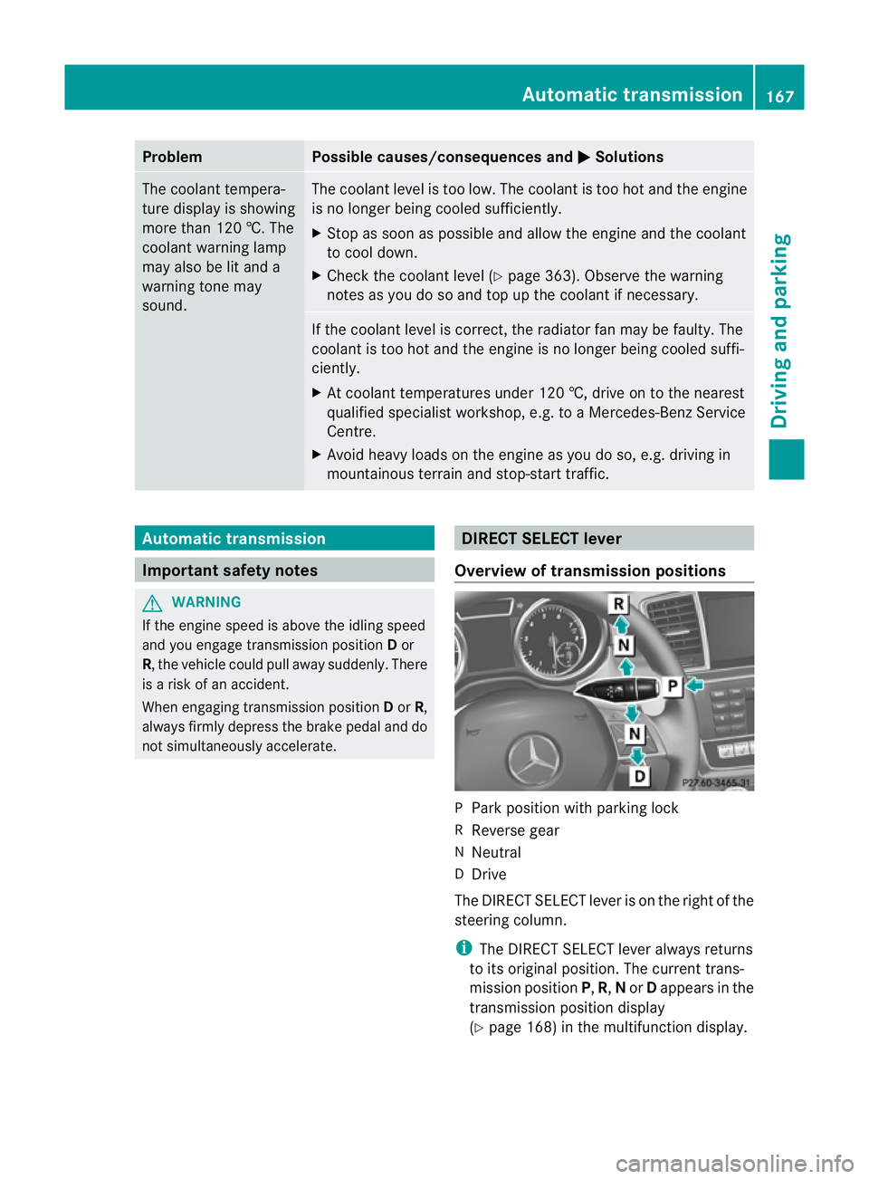 MERCEDES-BENZ GL SUV 2012 Owners Manual Problem Possible causes/consequences and
M Solutions
The coolant tempera-
tur
ed isplay is showing
more than 120 †. The
coolant warnin glamp
may also be lit and a
warning tone may
sound. The coolant MERCEDES-BENZ GL SUV 2012 Owners Manual Problem Possible causes/consequences and
M Solutions
The coolant tempera-
tur
ed isplay is showing
more than 120 †. The
coolant warnin glamp
may also be lit and a
warning tone may
sound. The coolant