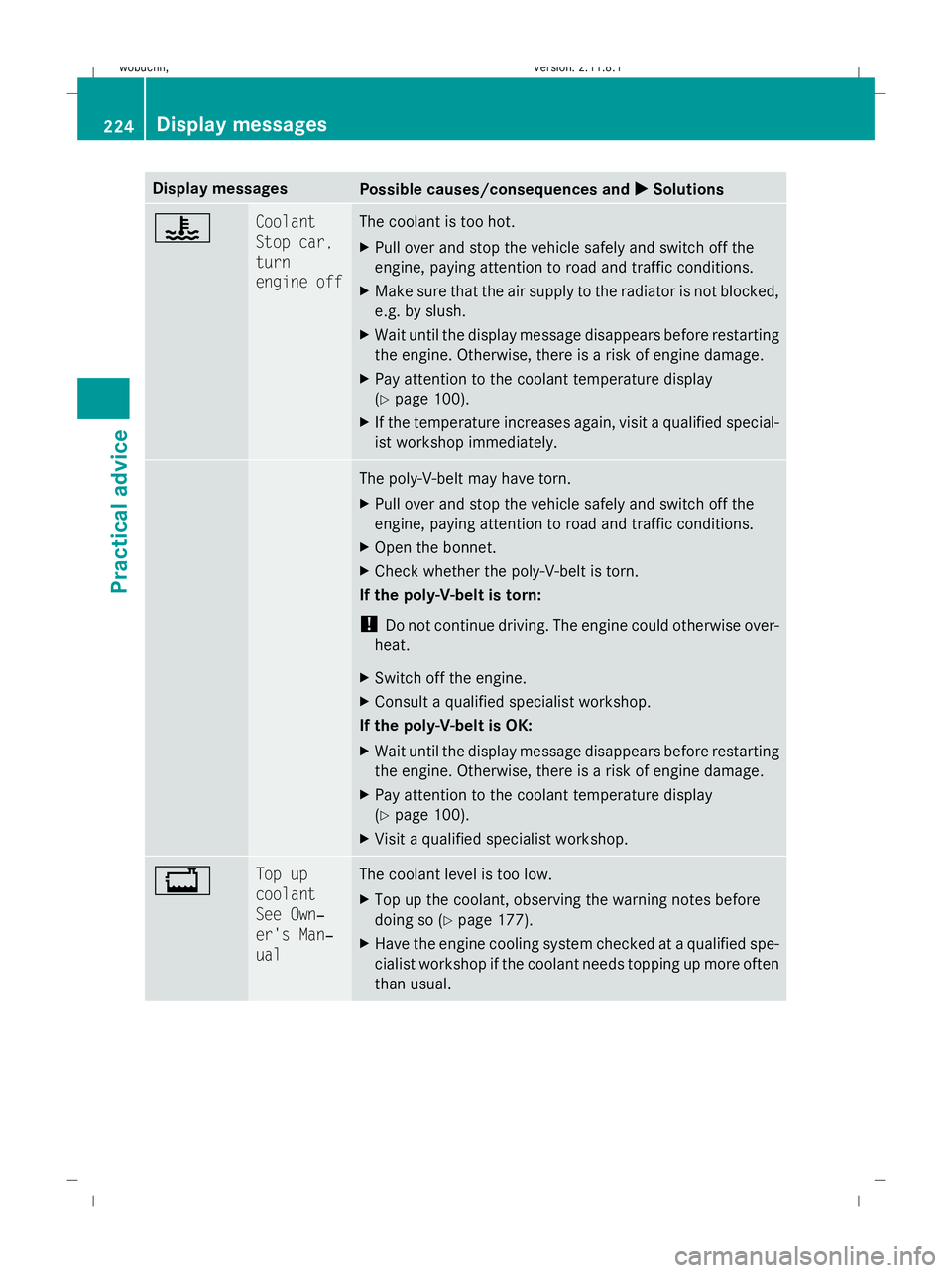 MERCEDES-BENZ GL SUV 2009  Owners Manual Display messages
Possible causes/consequences and
X
X Solutions ? Coolant
Stop car,
turn
engine off The coolant is too hot.
X
Pull over and stop the vehicle safely and switch off the
engine, paying at