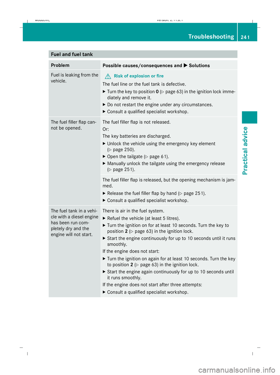 MERCEDES-BENZ GL SUV 2009  Owners Manual Fuel and fuel tank
Problem
Possible causes/consequences and
X
X Solutions Fuel is leaking from the
vehicle.
G
Risk of explosion or fire
The fuel line or the fuel tank is defective.
X Turn the key to p